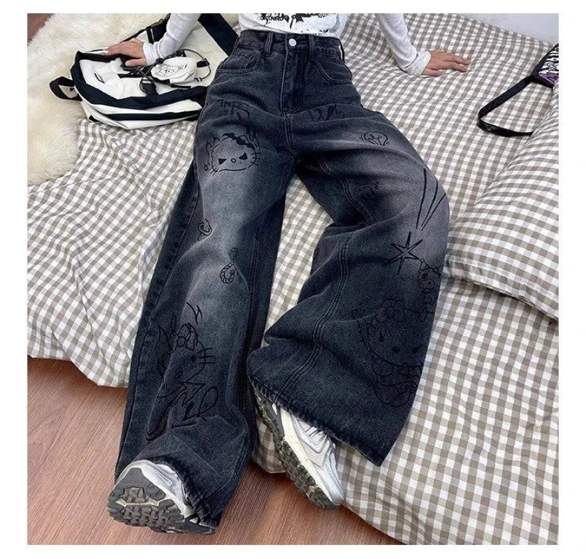 Vintage Cartoon Niedliche Gekritzel Y2k Jeans Amerikanische High Street Allgleiches Hosen für Frauen 2024 Frühling Sommer Neue Jeans Frauen