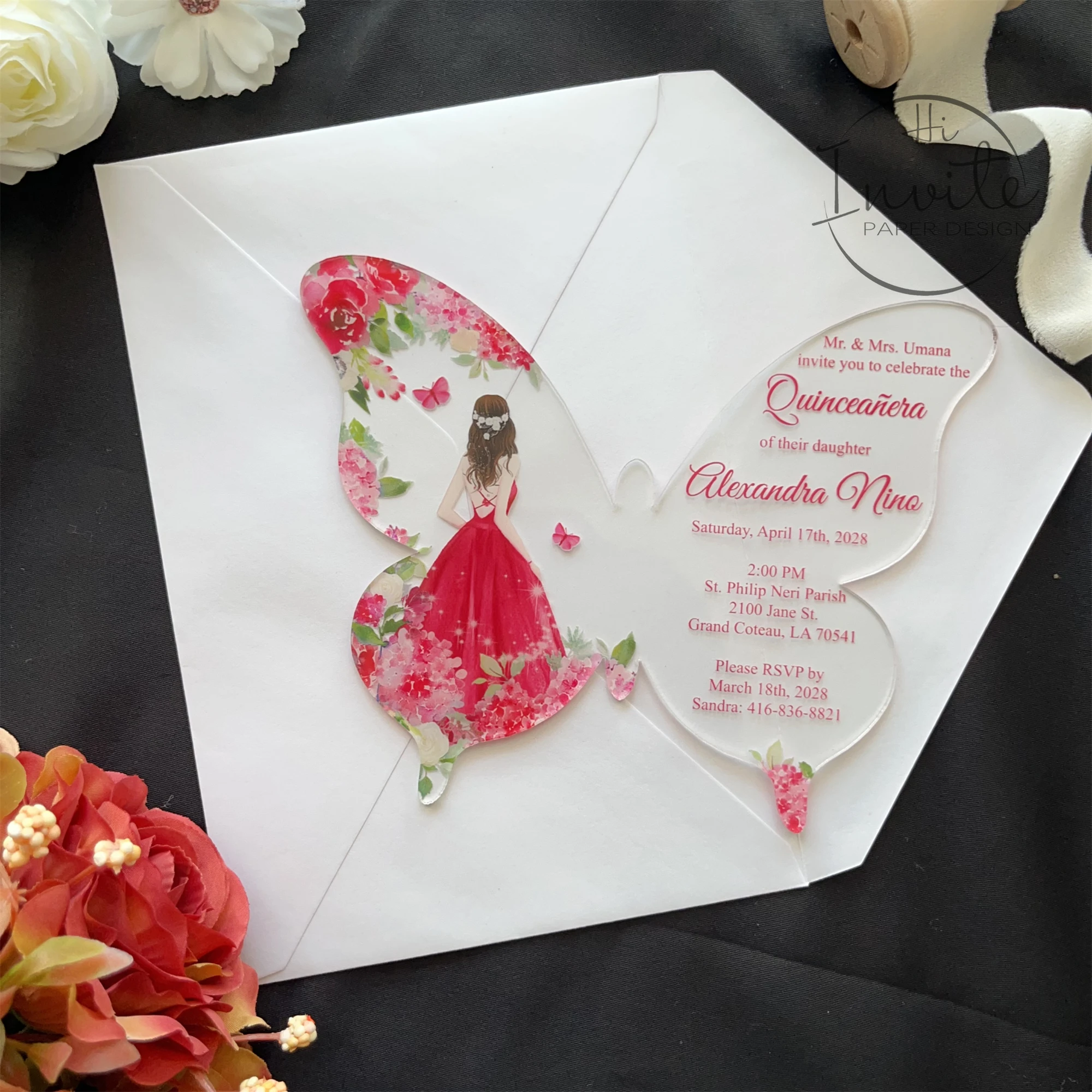 Red Girl And Rose Acrylic Butterfly Quinceañera Invitation, Fancy Acrylic Birthday Invitation For Quince Anos