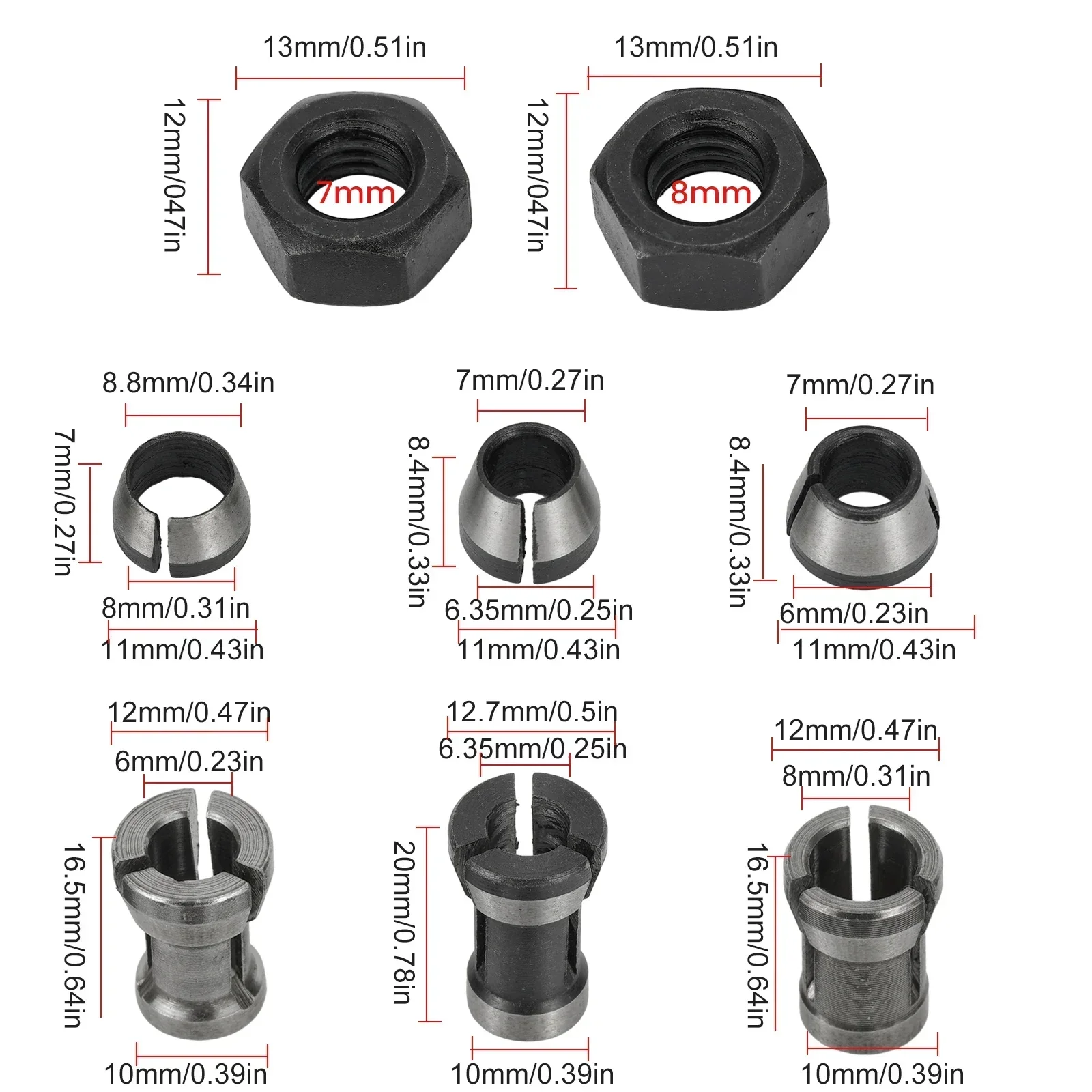 8pc 6mm/6.35mm/8mm Collet Chuck Router Bit Collet Chuck Adapter Clamping Nuts For Engraving Trimming Machine Milling Cutter Tool