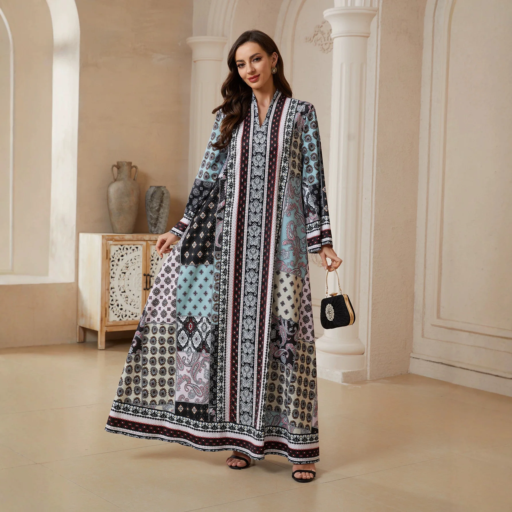 Women Elegant Ethnic V-neck Long Sleeve Printed Loose Fit Casual Trendy Jalabiya Muslim Fashion Female Abaya Dresses Clothes