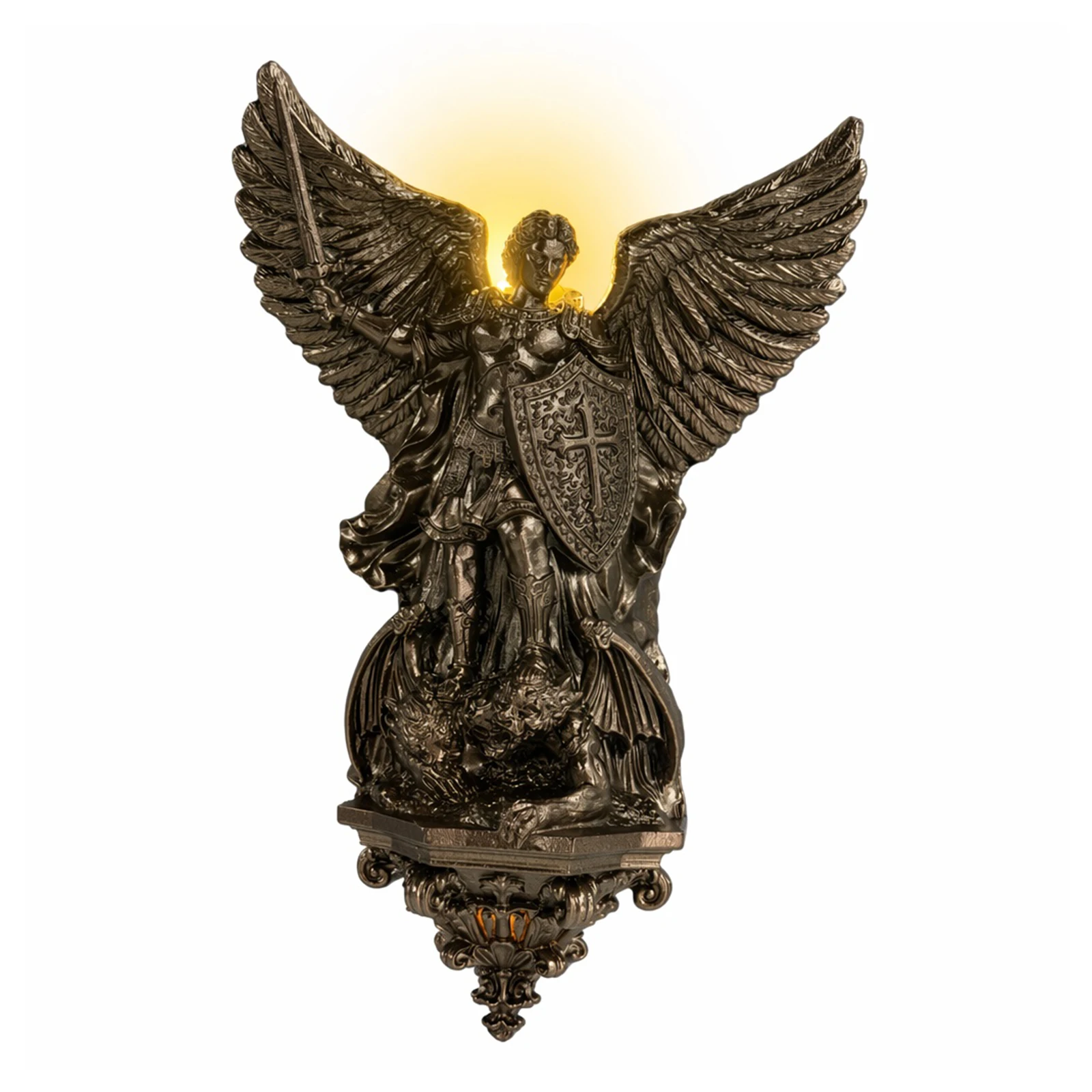 8inch/20cm Archangel Michael Wall Lamp Bronze Finish Vintage Resin LED Wall Sconce for Home Living Room Bedroom Bedside Decor