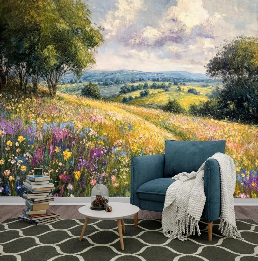 Custom sized mural hand-painted landscape painting wild grassland wallpaper covered in tall grass and exquisite wildflowers