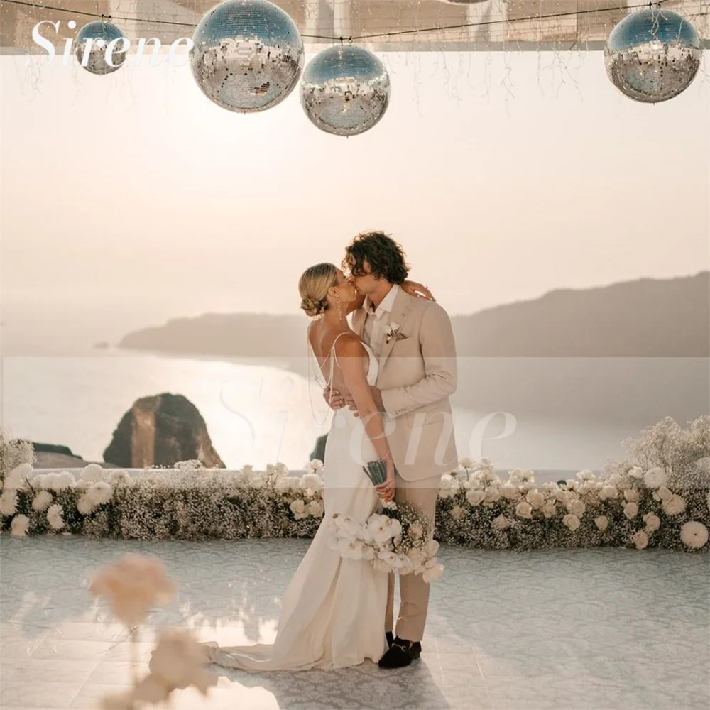 Vestido De novia De crepé con tirantes finos para mujer, elegante vestido De novia De playa sin mangas con cuentas y espalda descubierta