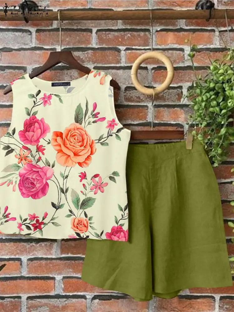 ZANZEA 2024 Summer Women Short Sets Bohemian Two Piece Sets Floral Printed Sleeveless Tops and Shorts Loose Casual Suits Outfits