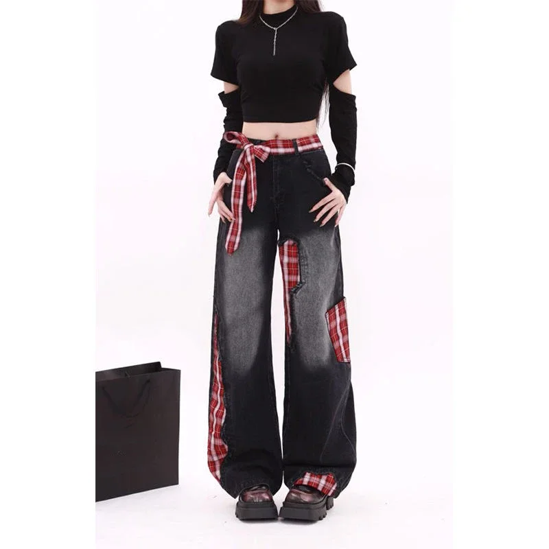 

Girl Trouser High Waisted Vintage Streetwear Female Casual Y2K Denim Pants Women's Splicing Bow Grid Sticker Jeans Sweet