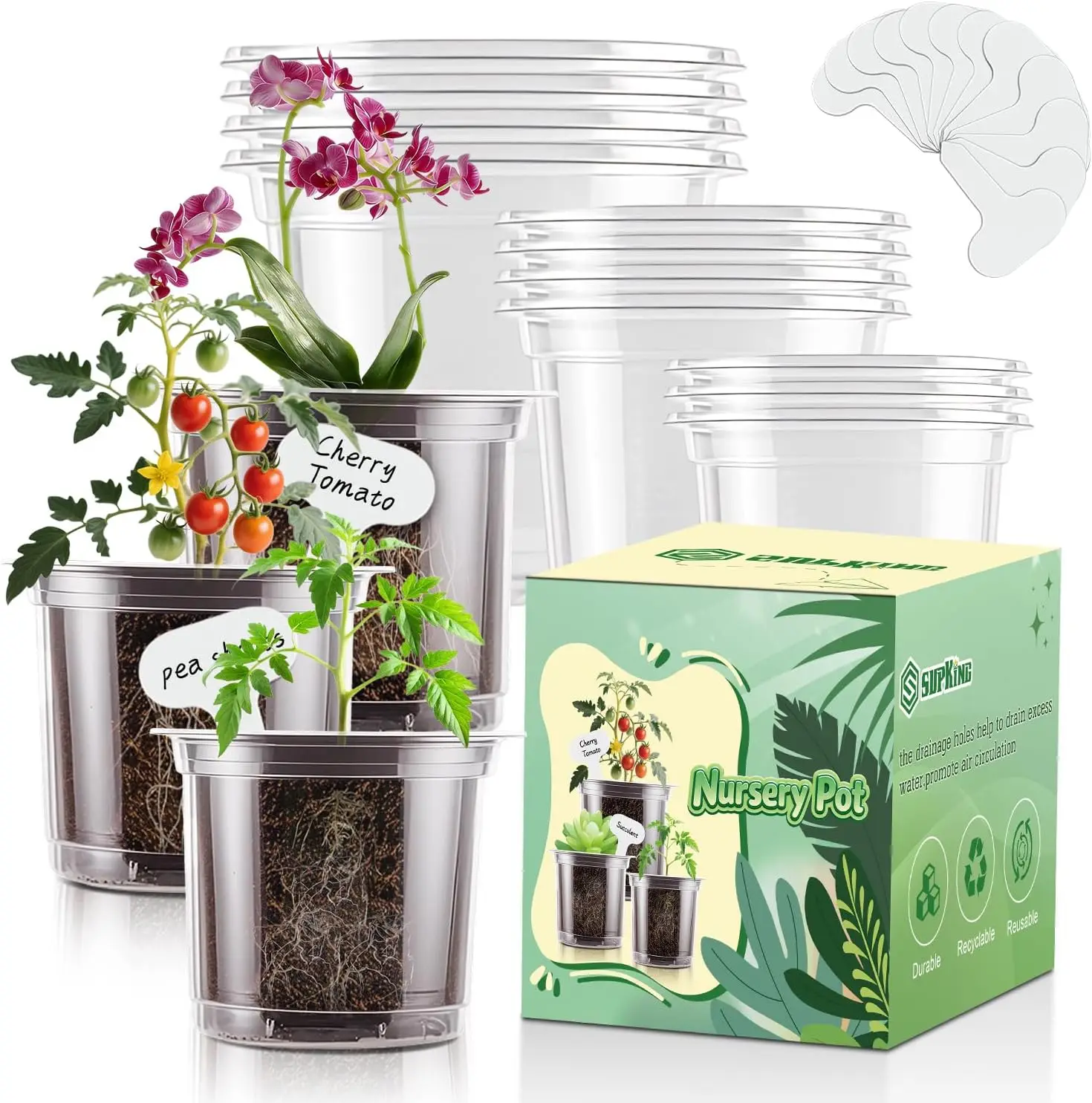 

Прозрачные пластиковые горшки для растений с дренажными отверстиями, размеры 5/4/3,5 дюйма, набор из 12 штук, включает этикетки для удобного пересадки.