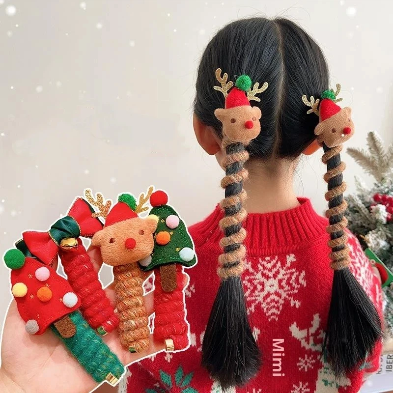 1/2PCS Christmas Spiral Hair Ties For Women | Elastic Hair Ties Snowflake Colorful Christmas Glove Candy Cane Charm | Holidy Gif