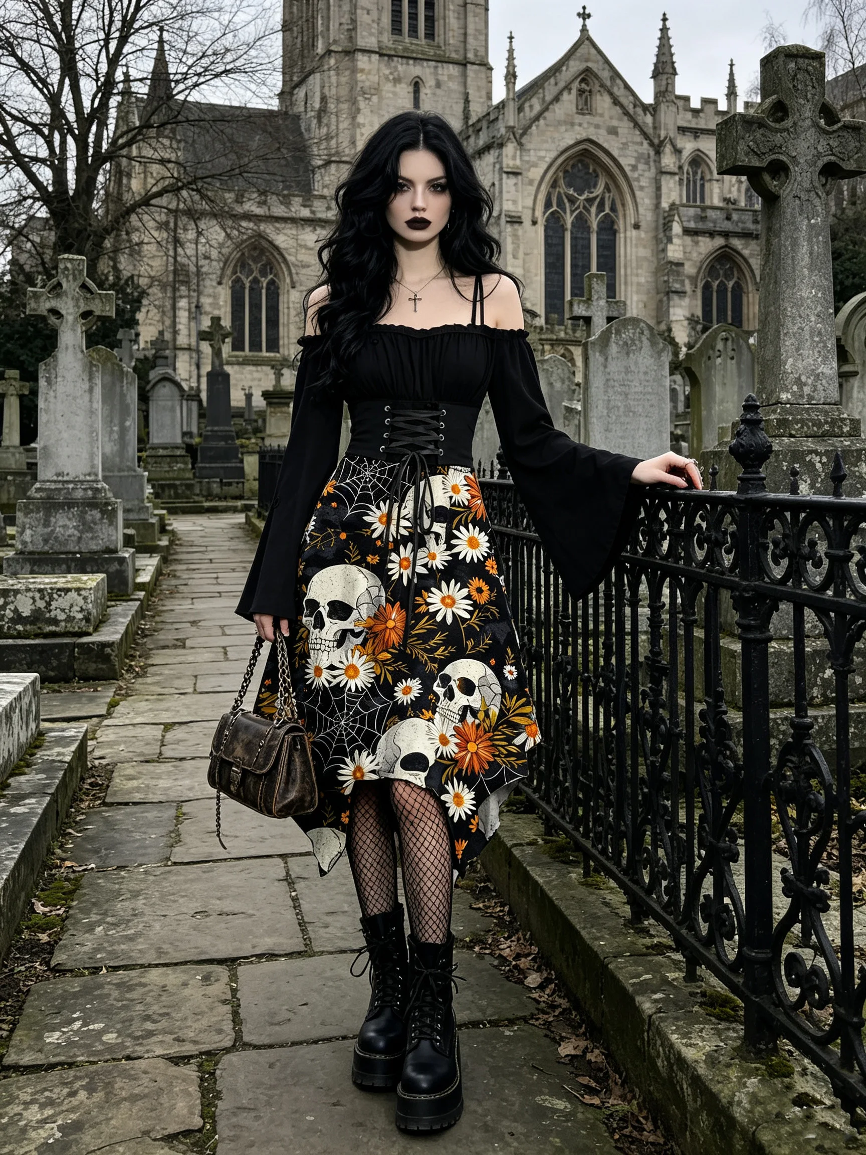 Dressfo Women's Skulls Spider Web Daisy Floral Print Ruffle Cold Shoulder Lace Up Belt Bell Sleeve Handkerchief Gothic Dress