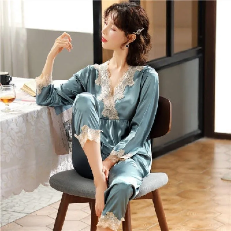 Ice Silk Pajamas Women Long Sleeve Lace Green Premium Sense Two Piece Sweet Homewear Love Blue