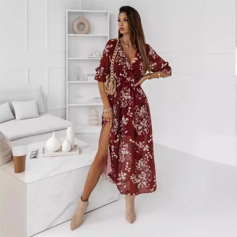 Vacation Chiffon Floral Midi Dress V Neck Short Sleeve Front Split Elegant Party Beach Maxi Long Dresses For 2024 Summer Vestido