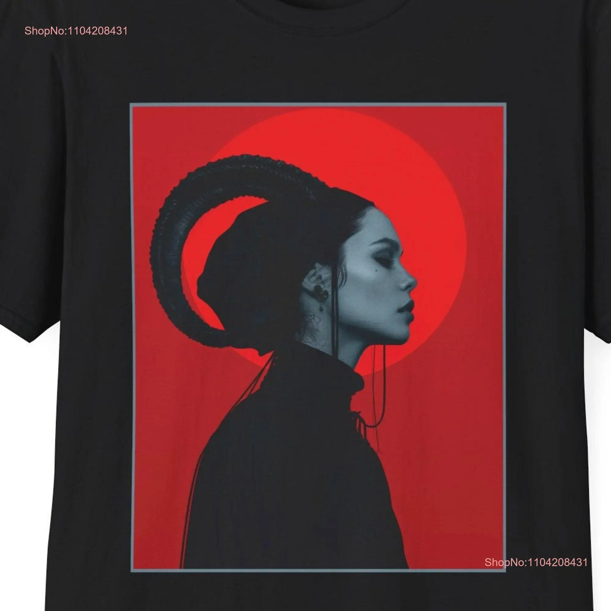 Enigmatic Silhouette Minimalist Horned Woman T Shirt Black Red Design Horns Art Modern Minimalism Dark Crimson