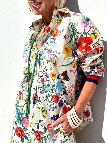 Imagen 2 del producto Conjuntos informales de otoño para mujer, camisa con solapa y botones de manga larga con estampado Floral y pantalones de pierna ancha con cintura elástica, ropa de calle
