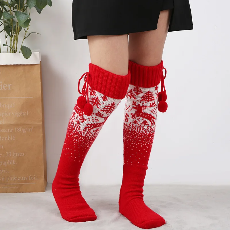 

Зимние теплые вязаные женские чулки, красивые жаккардовые носки выше колена с лосем и снежинками, повседневные длинные носки для женщин, рождественские подарки