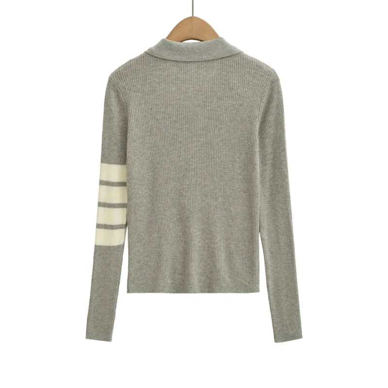 HKSH Women Long Sleeve Knitwear Korean Style Half-Zip Design Color Block Turn-Down Collar Slim Fit Elegant Niche Sweater HK27654
