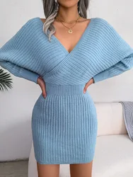 Sexy Cross V-neck Bodycon Sweater Dresses Women Casual Batwing Long Sleeve Solid Ribbed Knitted Dress Clothes Streetwear