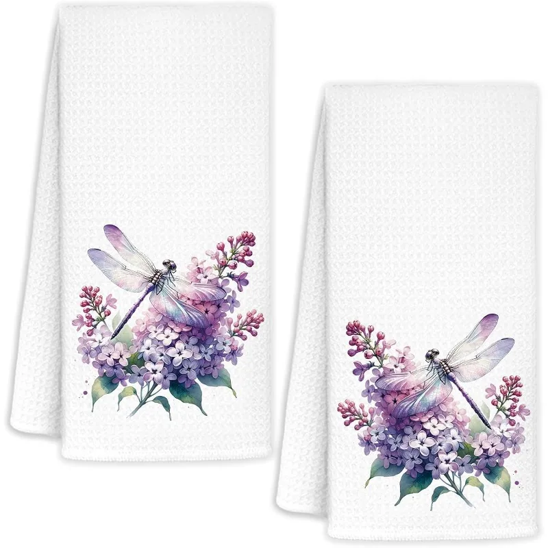2PCS kitchen towel, cleaning cloth, household cleaning products, dragonfly lilac pattern printed pattern kitchen towel