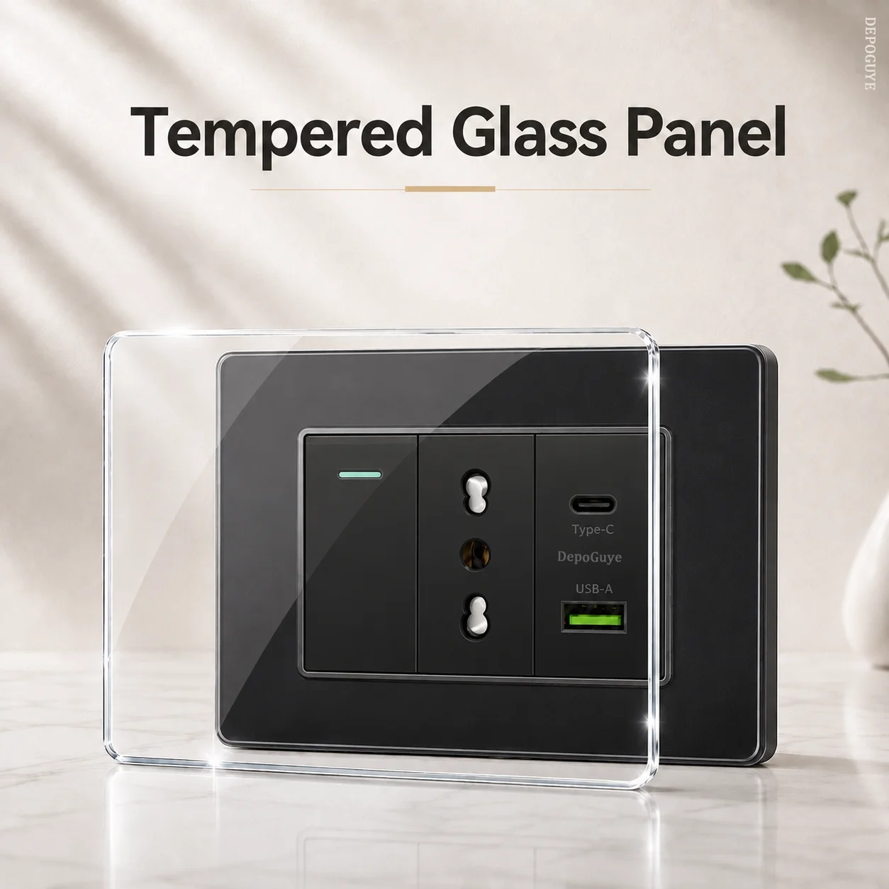 Black Tempered Glass Italy Chile USB Type C Smart Fast Charging Wall Socket Plugs Schuko Light Switch Panel TV Sat Computer CAT