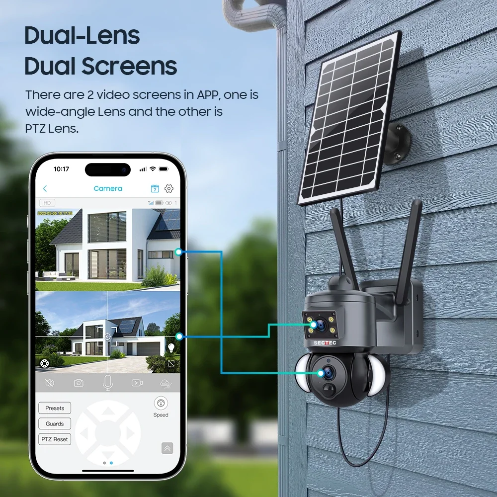 Sectec Panorama IP CCTV 6MP Outdoor Dual Lens Bateria Solar Câmera Flash Luzes Rede 4G Cartão Sim Câmera Solar
