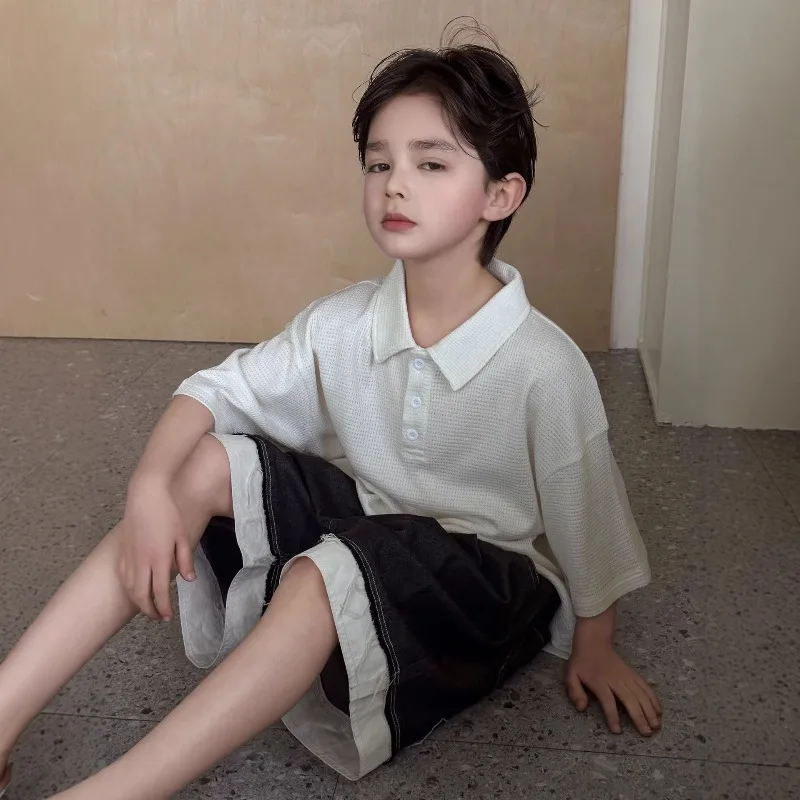 Boys Summer Short Sleeved Shirt 2026 New Style Children Loose Top Korean Breathable Summer Woven Lining Children Clothing