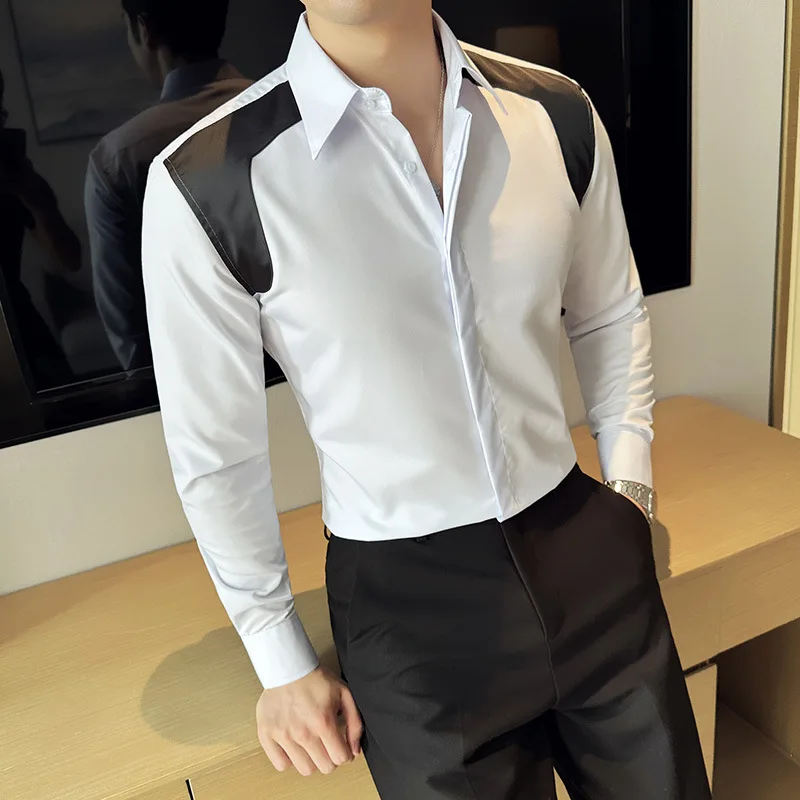 

Men's long sleeved shirt with fashionable color blocking and hidden button design, non ironing texture, large lapel shirt