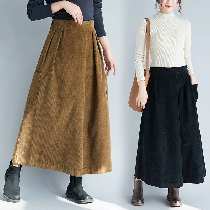 

Women Elastic Waist Solid Color Wide Leg Corduroy Pants for Autumn and Winter