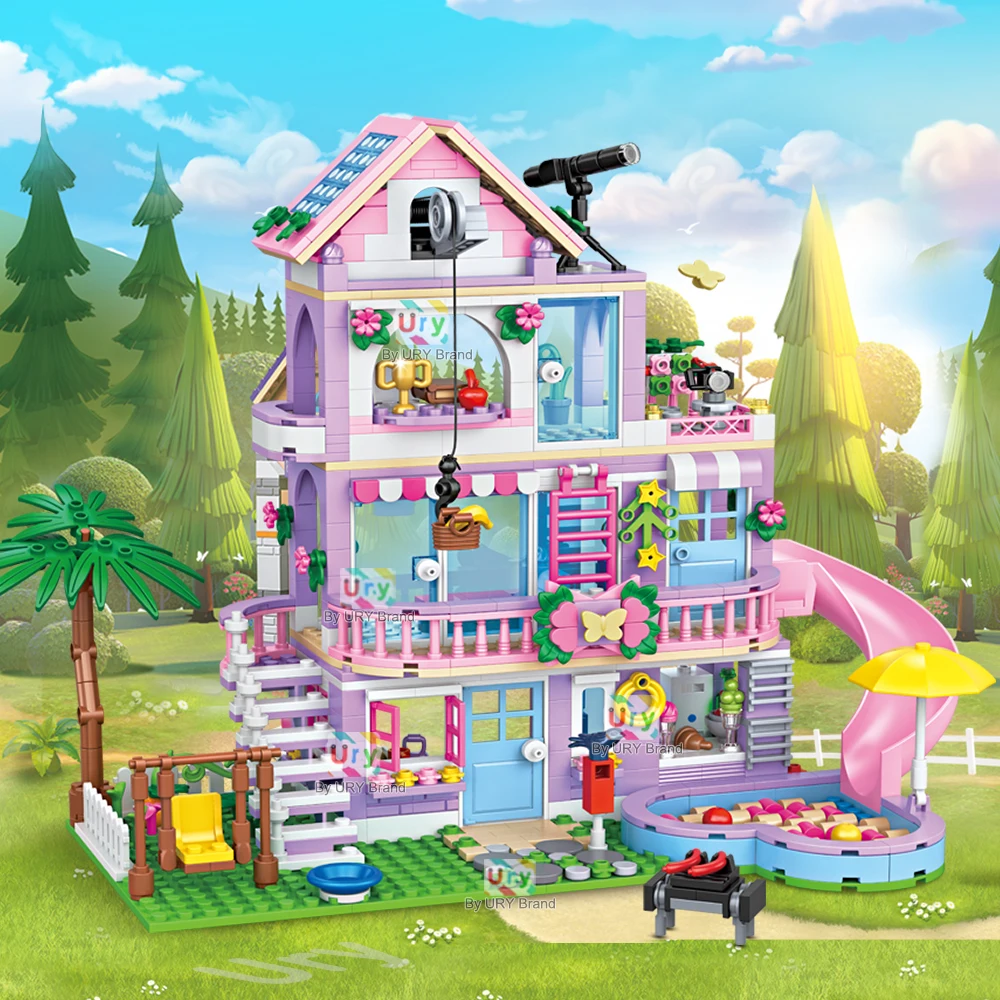 Friends City House Summer Holiday Slide Pool Villa Apartment MOC Building Blocks Set Figure DIY Toys for Kid Girl Christmas Gift