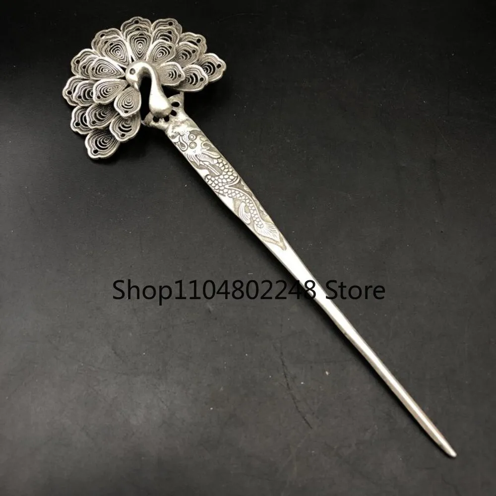 Old Chinese Tibet silver handcarved Phoenix hair hairpin 489