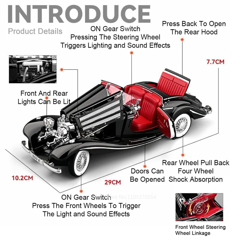 Large Size 1:18 300SL 500K Vintage Car Toys Diecast Alloy Model Sound Light Pull Back Front Wheel Steering Cars Collect Ornament