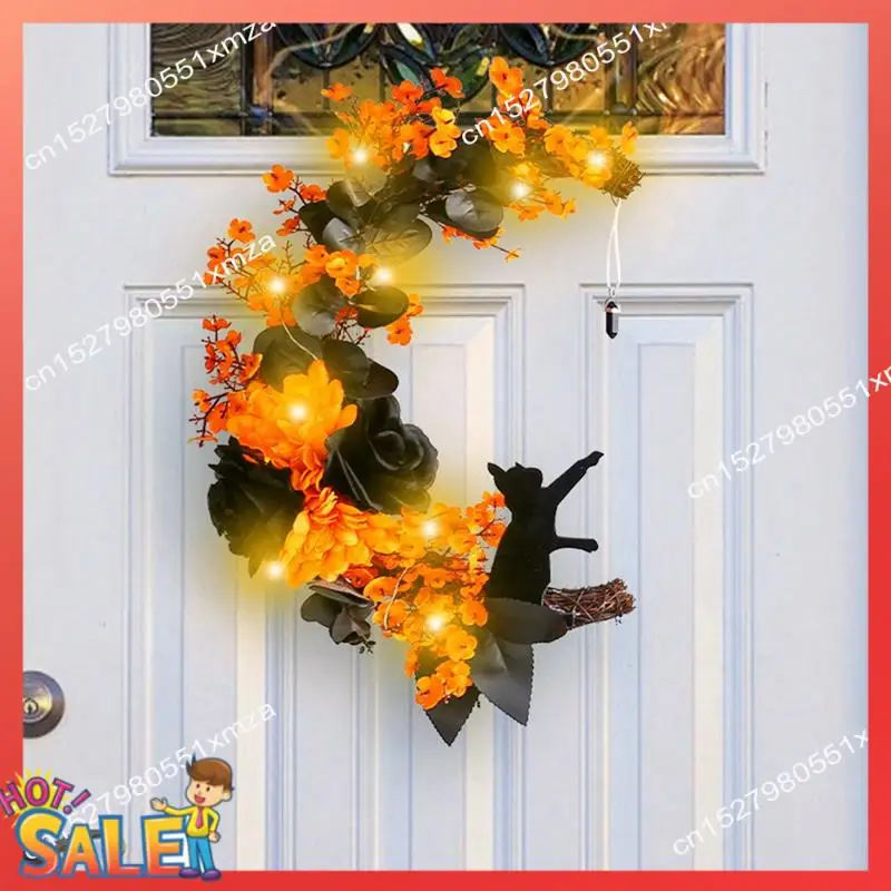 ABCL Ghirlanda per gatti illuminata con ghirlanda per porta lunare di Halloween con rose nere e fiori gialli per bomboniere sulla porta d'ingresso