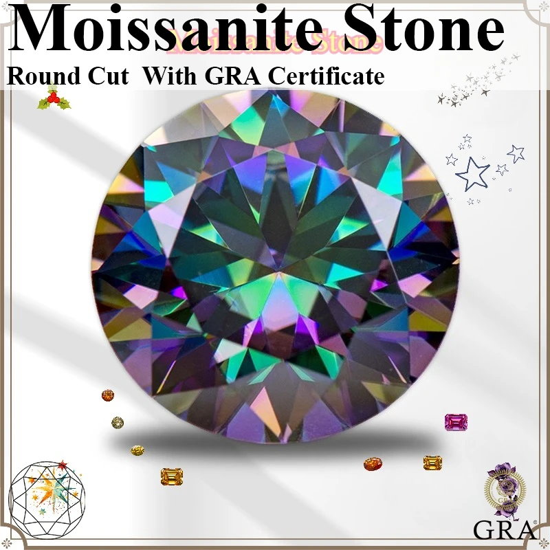 Moissanite Stone Round Cut Rainbow Green Synthetic Loose Gemstone for DIY Jewelry Making Materials Pass Diamond Tester