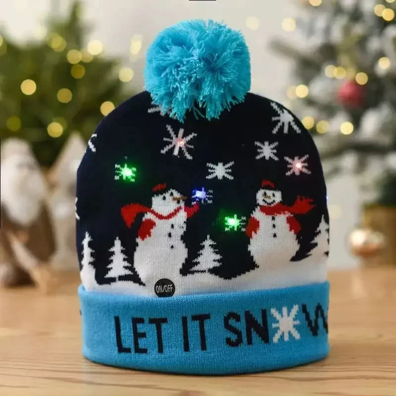 2024 New Year LED Knitted Christmas Hat Beanie Light Up Illuminate Warm Hat For Kids Adults New Year Christmas Decor