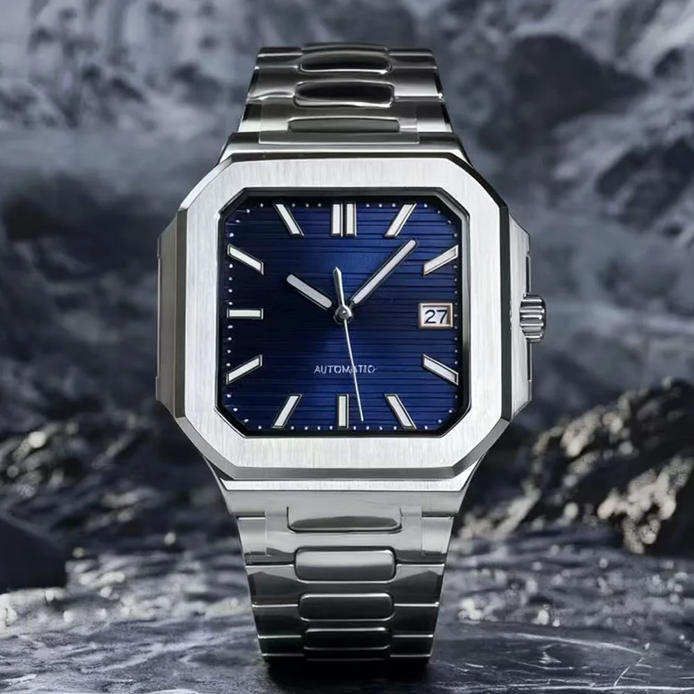 

Новая модель 2025 года, китайский механизм nh35, квадратный корпус из нержавеющей стали, зеленые светящиеся водонепроницаемые мужские повседневные и модные часы