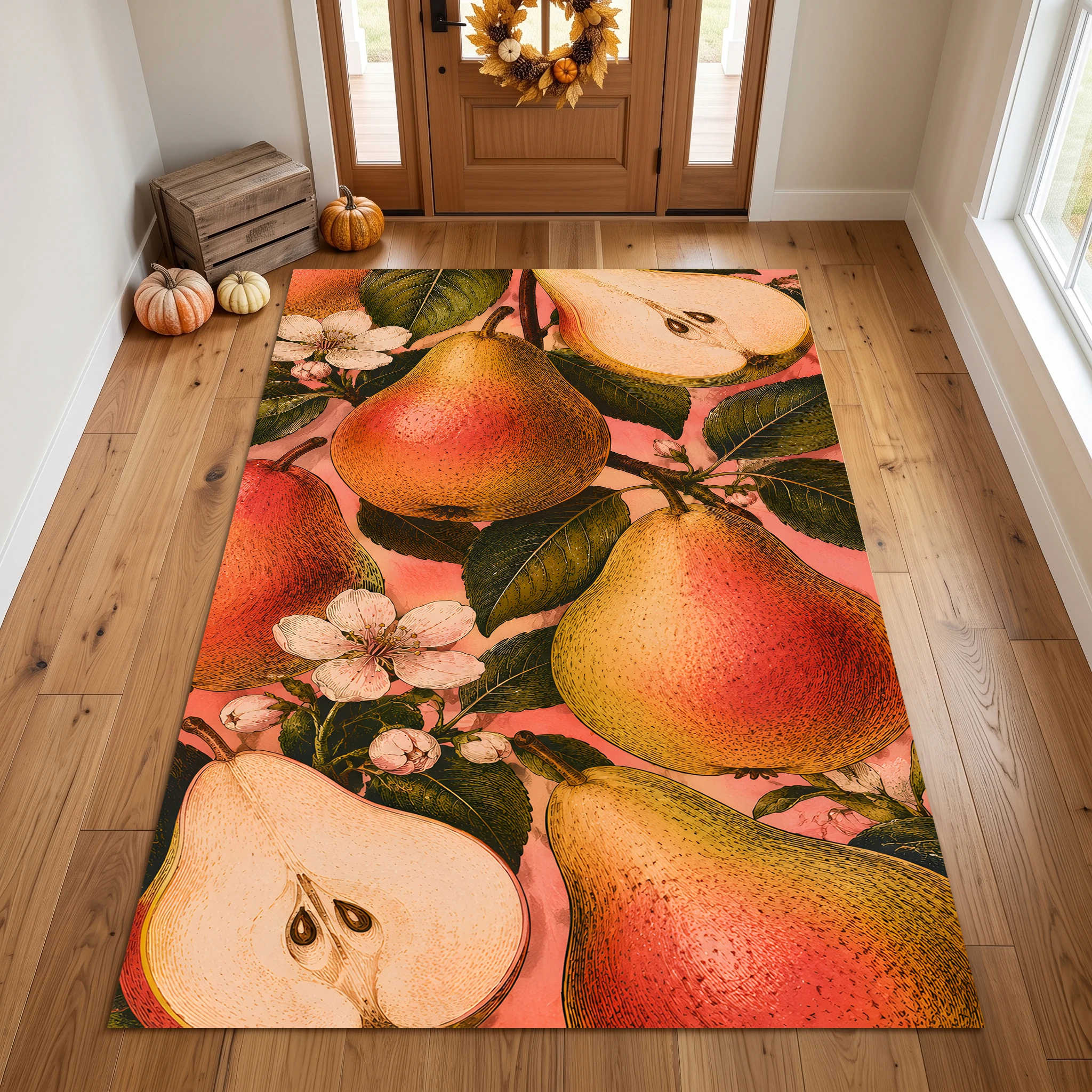 Velvet Rug All over Sweet Pear Floral Retro Oil Painting for Living Room Bedroom Dining Area Decor