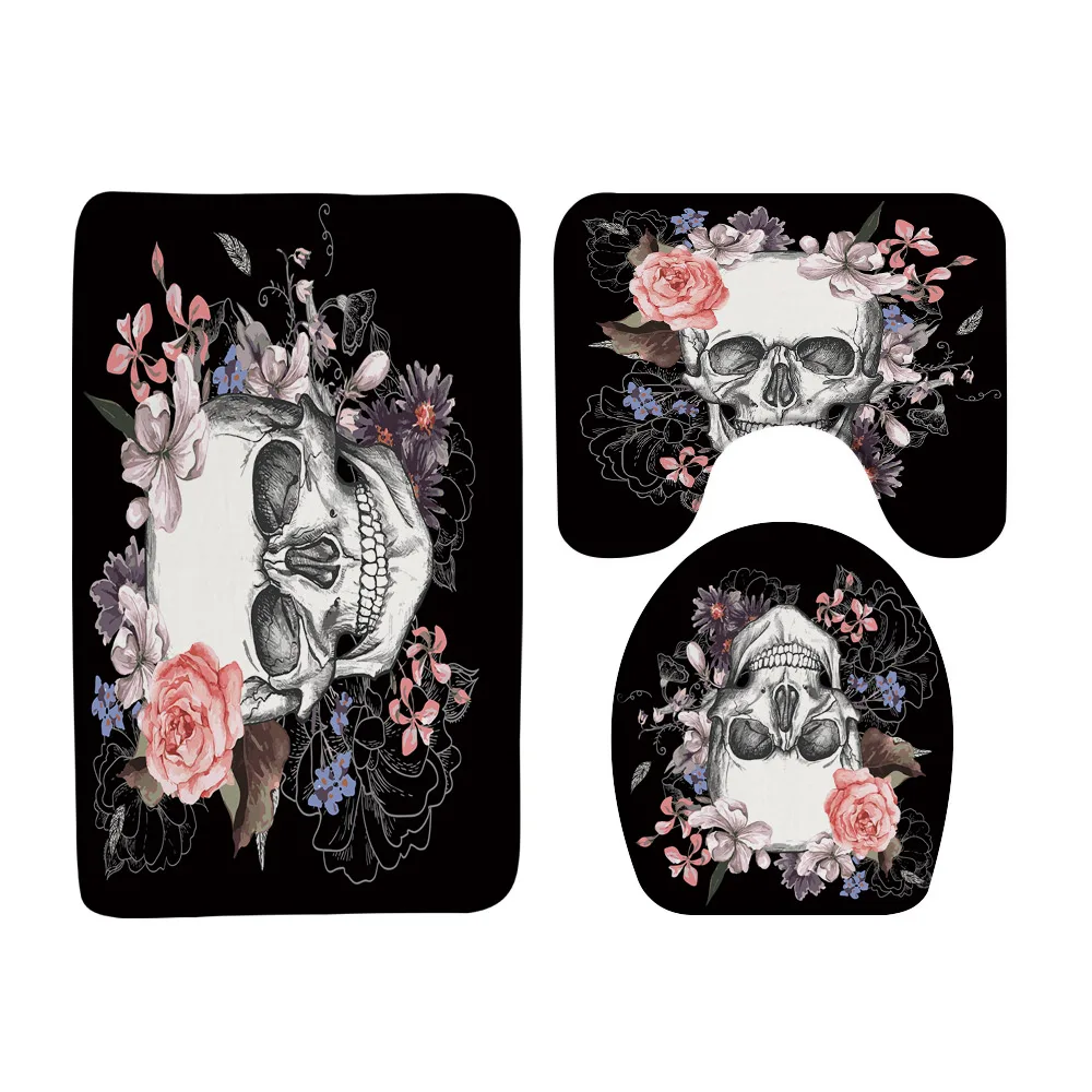 Skull Floral Skeleton Bath Mat Sets 3pcs Rose Flowers Halloween Bathroom Rug Doormat Non Slip U-shaped Carpet Toilet Seat Cover