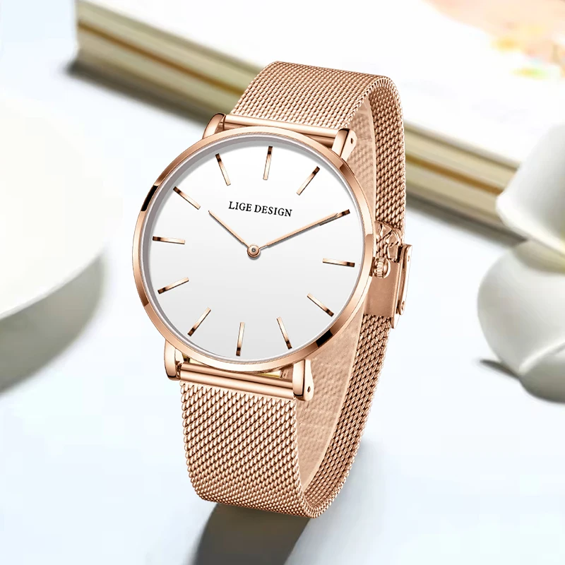 

LIGE новые женские часы-браслет, водостойкие кварцевые часы, простые студенческие часы из розового золота с сеткой из нержавеющей стали, Relogio Feminino