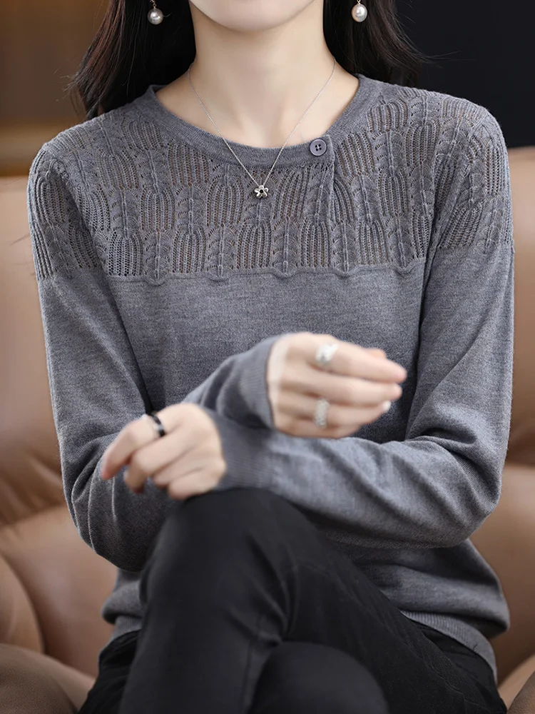 Trendy Style Pure Worsted Wool Sweater Women\'s Hollow Out O-Neck Knitted Pullover Spring Autumn Female Solid Full Sleeve Jumpers