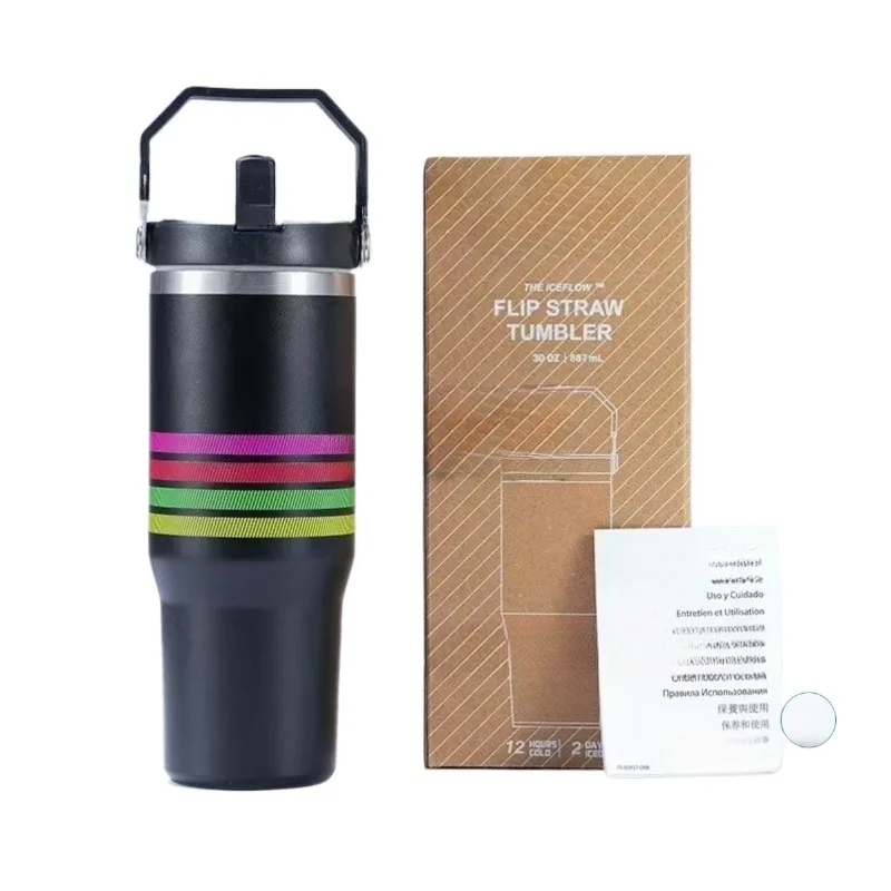 كوب معزول مكنسة من الفولاذ المقاوم للصدأ H2.0 FlowState مع غطاء وقش لعصائر الشاي المثلج أو القهوة، فلامنغو 2.0,30 أونصة