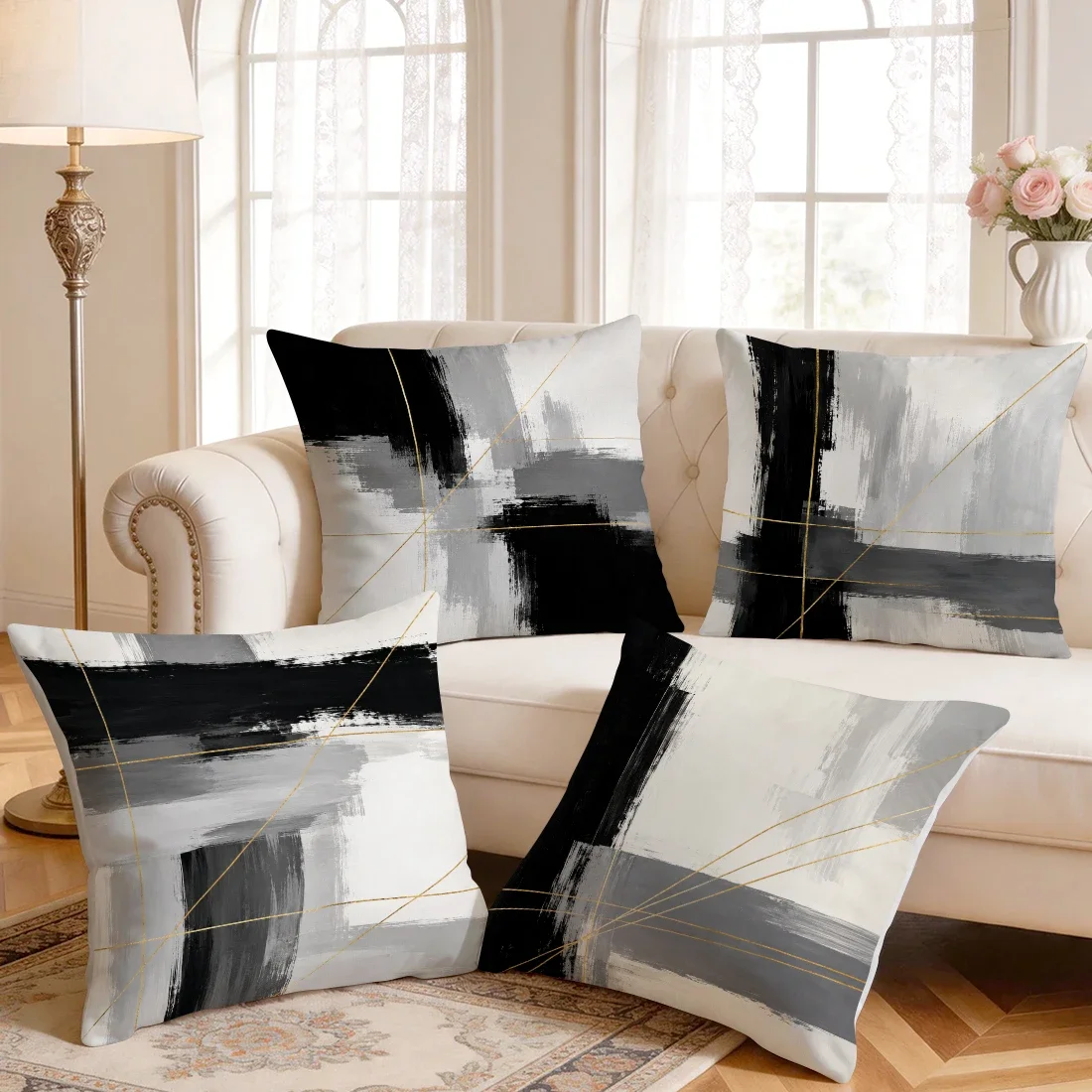 1/4pcs Black, White, Gray Abstracts Cushions Pillowcase Polyester Cushion Cover Throw Pillow Pillowcover Home Car Sofa Decor
