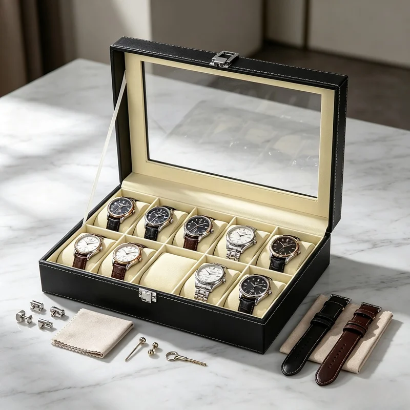 Unisex PU Leather Watch Organizer Box Portable Watch Display Storage Tray Collector Case For Home Countertop Display