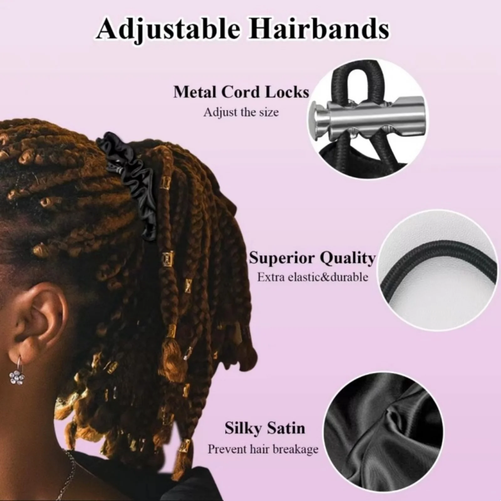 1 x verstellbare Satin-Haargummis, Kordelzug-Design, modisches Stirnband für afrikanische Puff-Frisuren, hochwertiger Haarschmuck – Detail 4