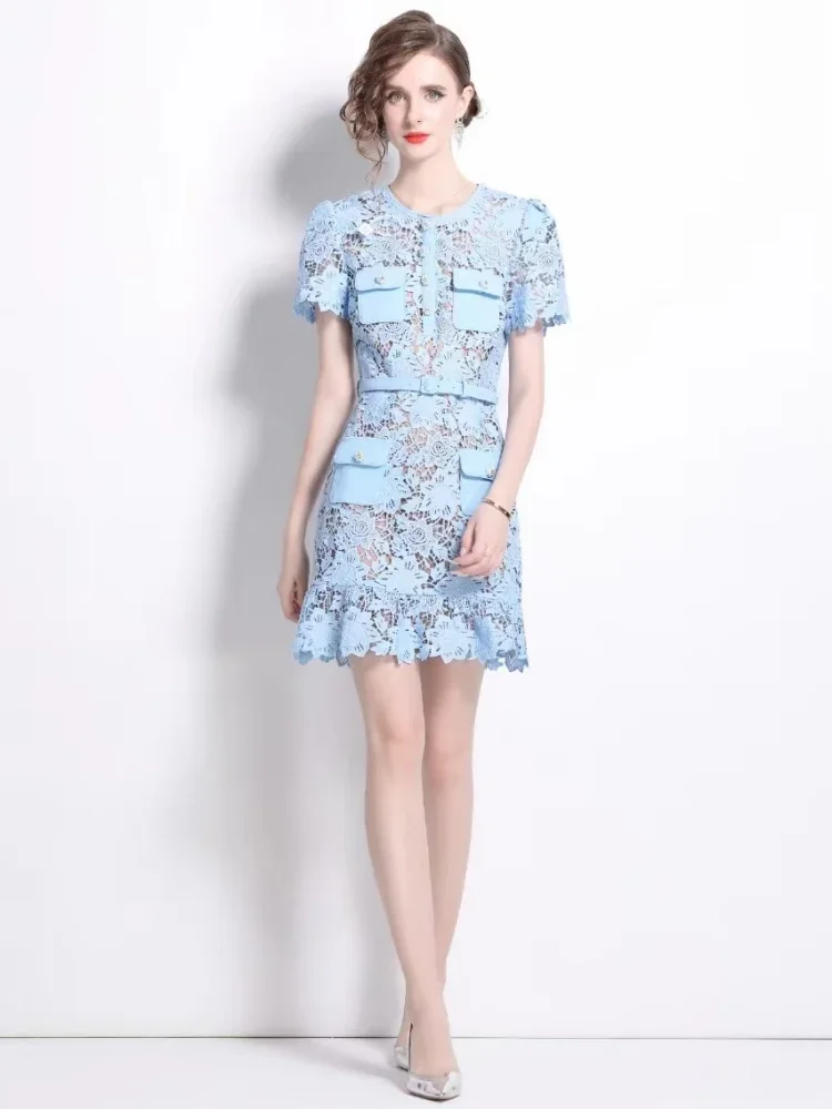 

Summer Runway Blue Hollow Out Floral Embroidery Lace Mini Dress For Women Diamonds Buttons Belt Party Ruffles Short Vestidos