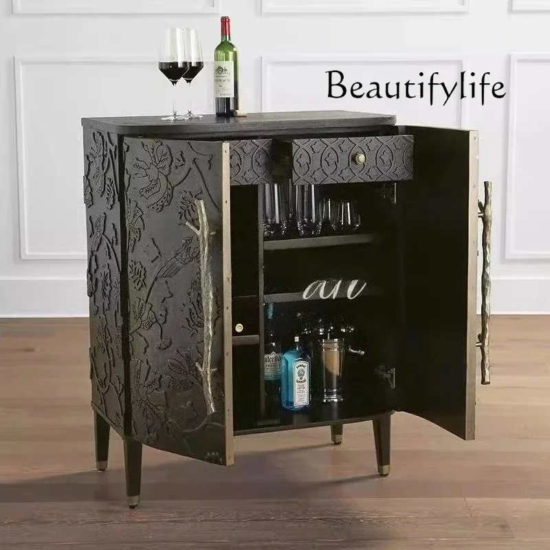 C French Retro Solid Wood Wine Cabinet Villa Curved Dining Side Storage Neoclassical Decorative Entrance Shoe Cabinet