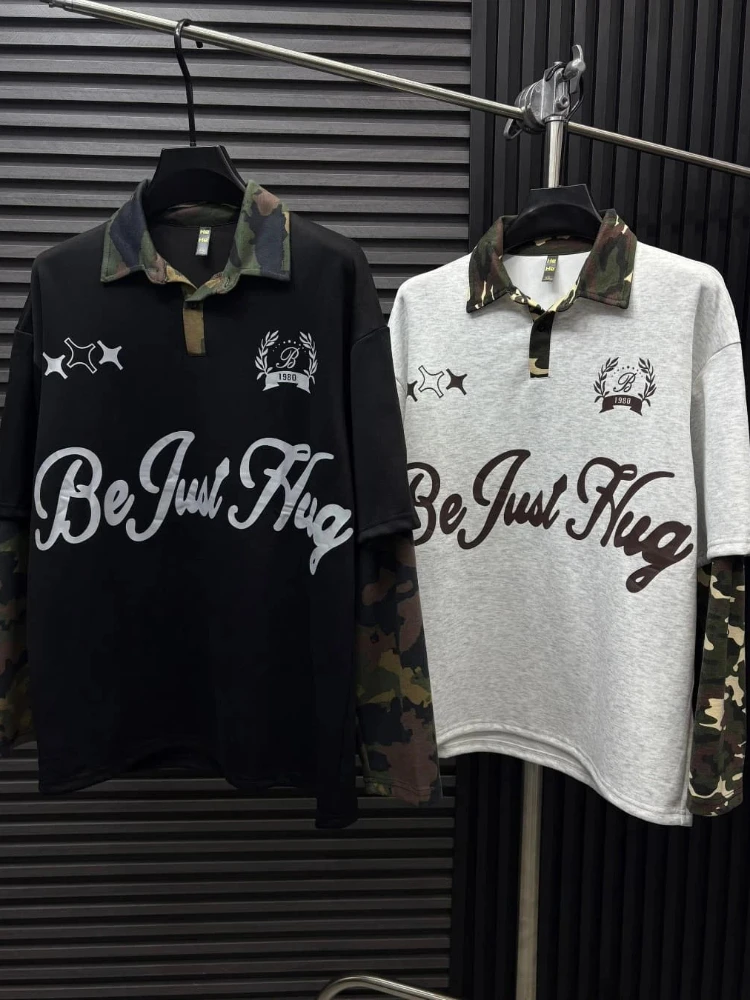 American Street Autumn Letter Print Pattern Splicing Camouflage Polo Collar Top Pullover Hoodie