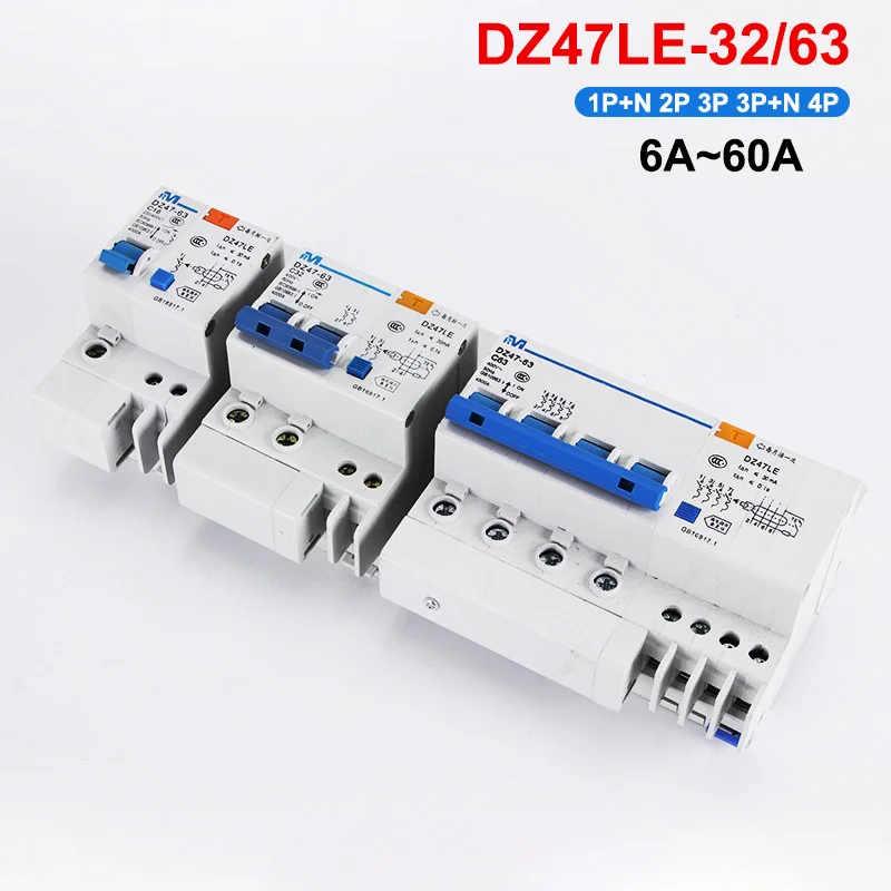 

DZ47LE-32/63 1P+N 2P 3P+N 4P 6A~60A Electromechanic Residual Current Circuit Breaker Differential Break Safety Switch AC230/400V