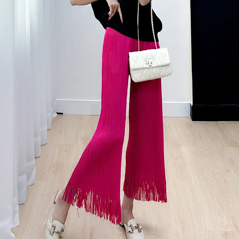 Wrinkled solid color elastic waistband fringe casual pants live broadcast popular slim fit casual micro flared pants for women