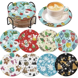 8 PCS Diamond Painting Coasters Kits Santa Acrylic Diamond Painting Art Coaster Kit Elk with Holder Diamond Painting DIY Coaster