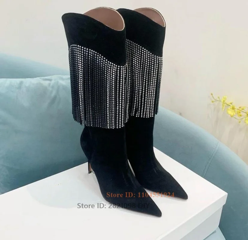 

Женские блестящие ботинки на тонком высоком каблуке с кристаллами и стразами, модные высокие сапоги до колена на шпильке с острым носком, Zapatos