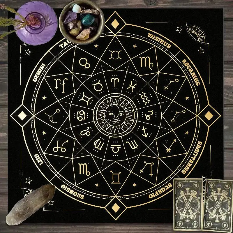 VIKAMA Gold Zodiac Wheel Tarot Table Cloth Black Astrology Altar Cloth Sun Moon Symbol Witch Pagan Divination Table Mat