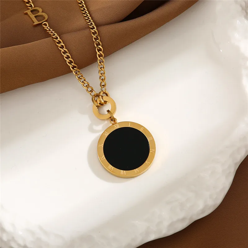 Black White Double Sided Roman Numeral Large Pendant Long Chain 316L Stainless Steel Ladies Thick Hip Hop Necklace