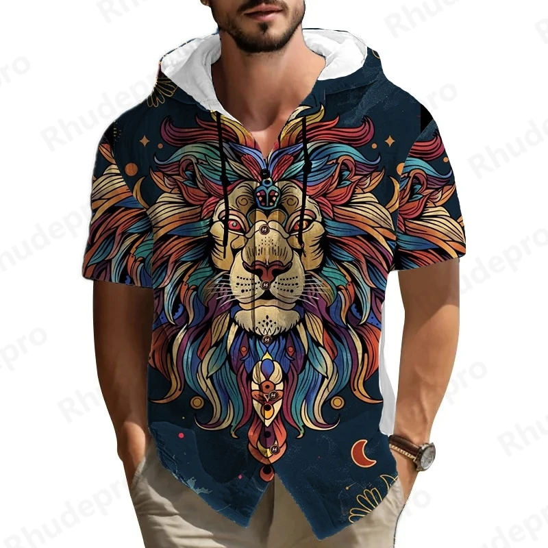 

Summer 2025 New National Style Sports Short Sleeve 3D Printed Shirt Men Casual Relaxed Breathable Large Size Hooded Shirt Camisa